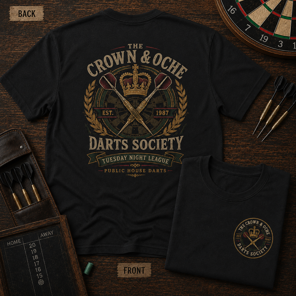 The Crown & Oche Darts Society T-Shirt (Two-sided)